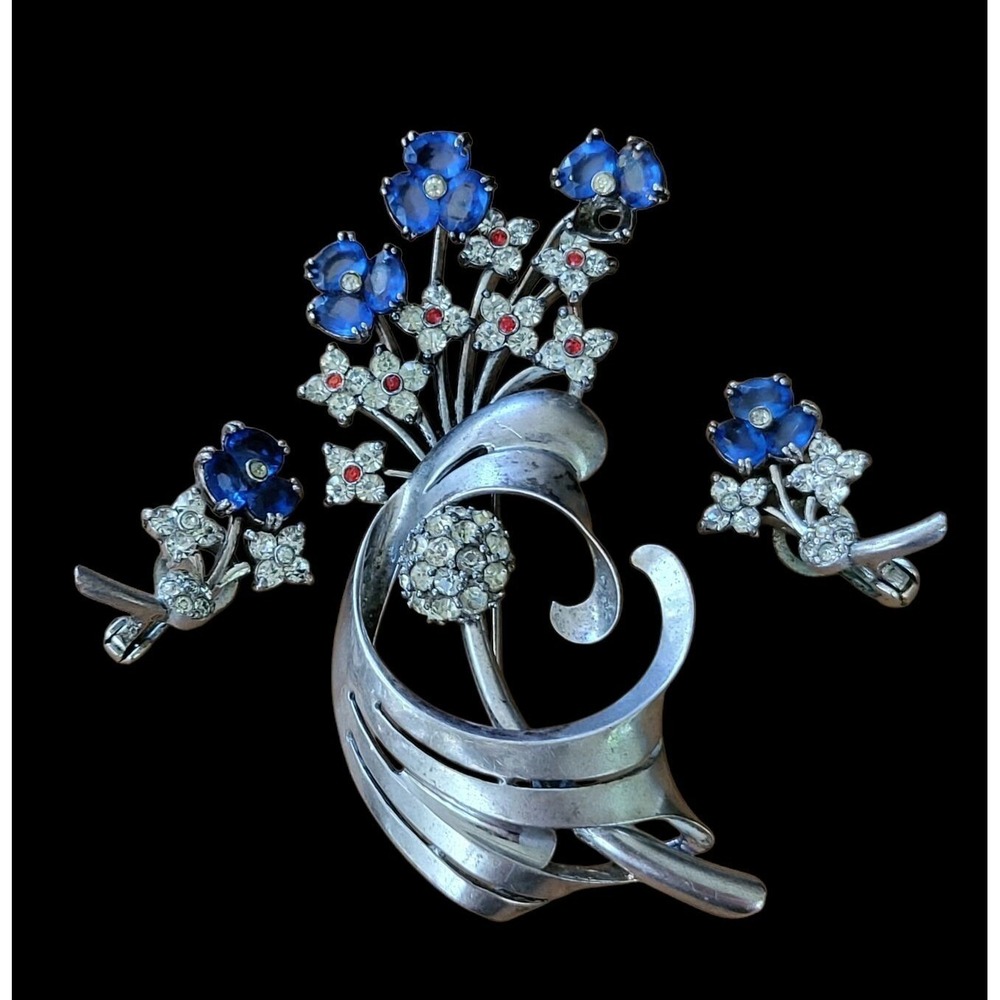 Pennino Vintage Sterling Silver Flower Brooch Pin & Earrings Set 1940s Blue